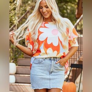 Floral Orange Ribbed Printed Shirred 3/4 sleeve blouse